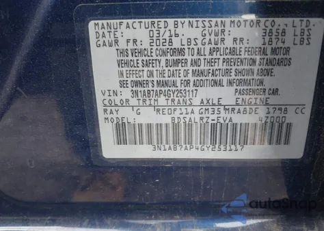 2016 Nissan Sentra Sr z USA, uszkodzony, nr VIN 3N1AB7AP4GY253117